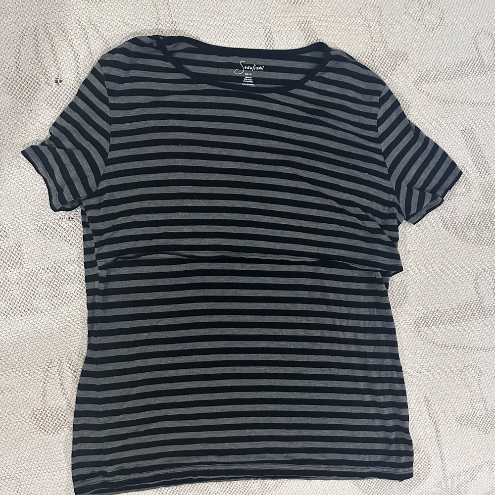Black & Gray Striped Short Sleeve Nursing Top